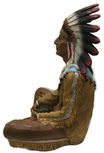 Load image into Gallery viewer, Sitting Cross-Legged Native American Indian with Feather Headdress and Pipe 18&quot;